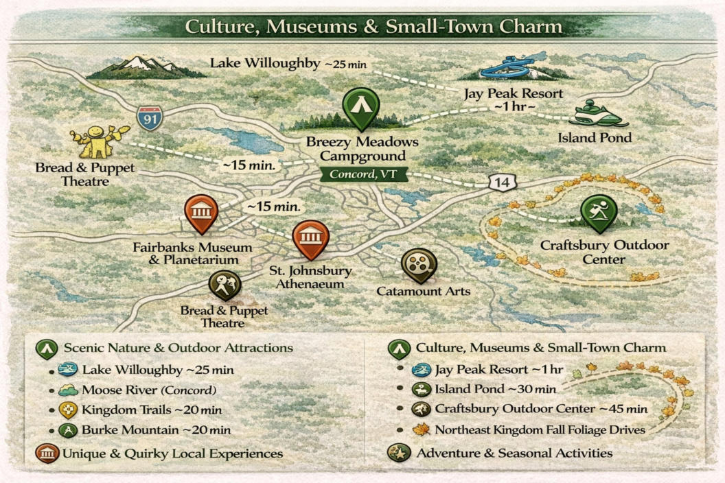 map of the area around breezy meadows with attractions highlighted